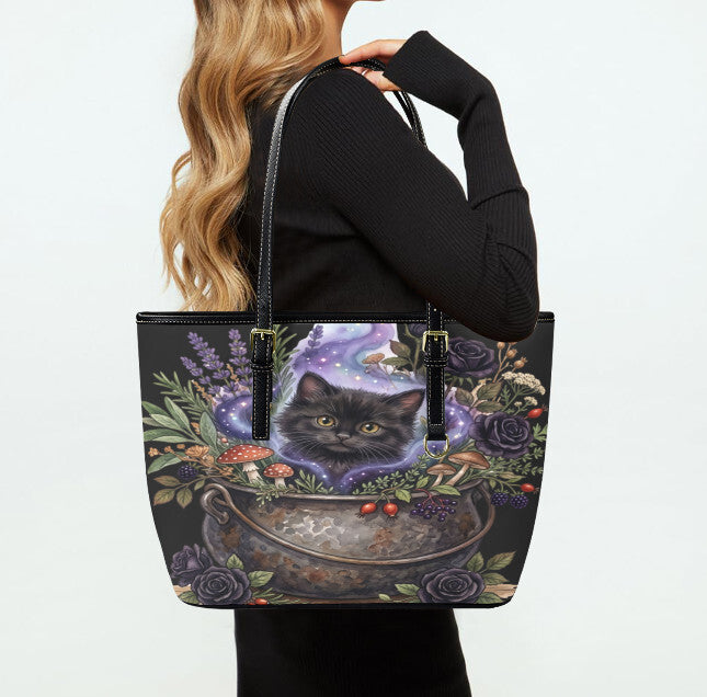 Custom Tote Hand Shoulder Bag 12 X 15 Fall Halloween Gothic Black Cat Cauldron Terrifictrend