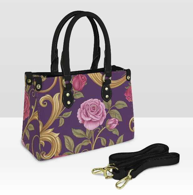 Victorian Purple Lavender Roses Gold Shoulder, Hand Bag, Satchel Floral Medium Terrific Trend