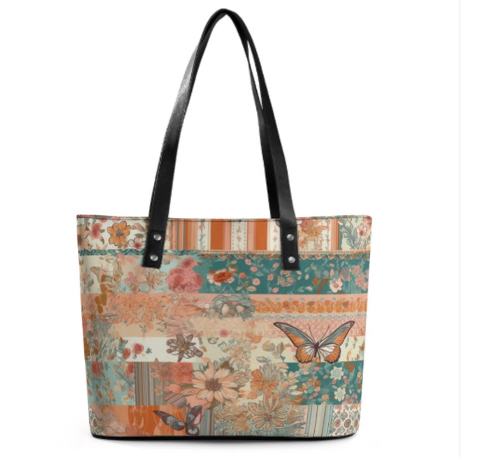 Custom Tote Hand Shoulder Bag 12 X 15 Spring Flowers Vintage Boho Orange Green Terrifictrend