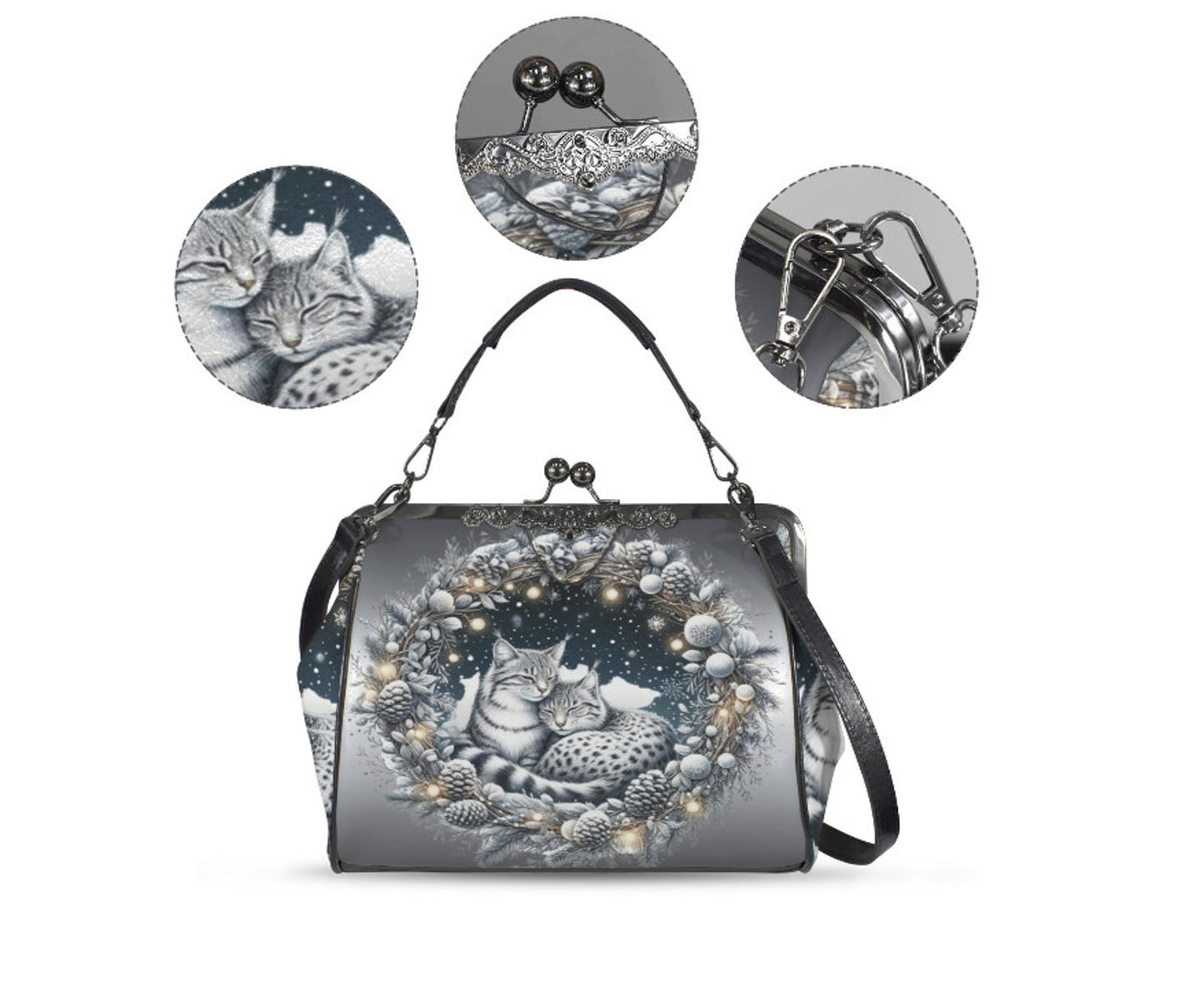 Silver Christmas Wreath Ocelots Holiday Shoulder Cross Body Hand Bag Satchel Kisslock