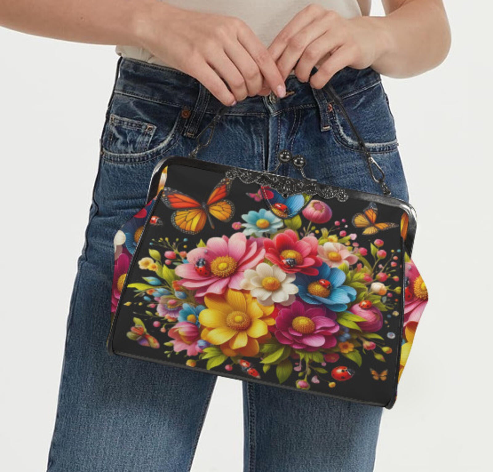 Black Multi Floral Butterfly Spring Mother's Day Shoulder Cross Body Bag Satchel Kisslock
