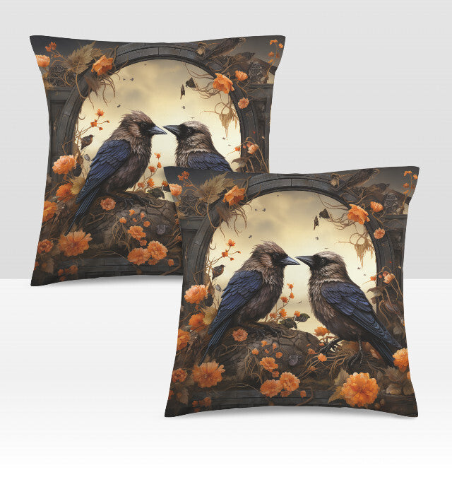 Fall Crow Couple Orange Flowers Throw Pillow Cover  Home Decor 18x18 Unbranded