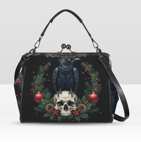 Victorian Gothic Crow Bird Skull Christmas  Shoulder Cross Body Hand Bag Satchel Kisslock