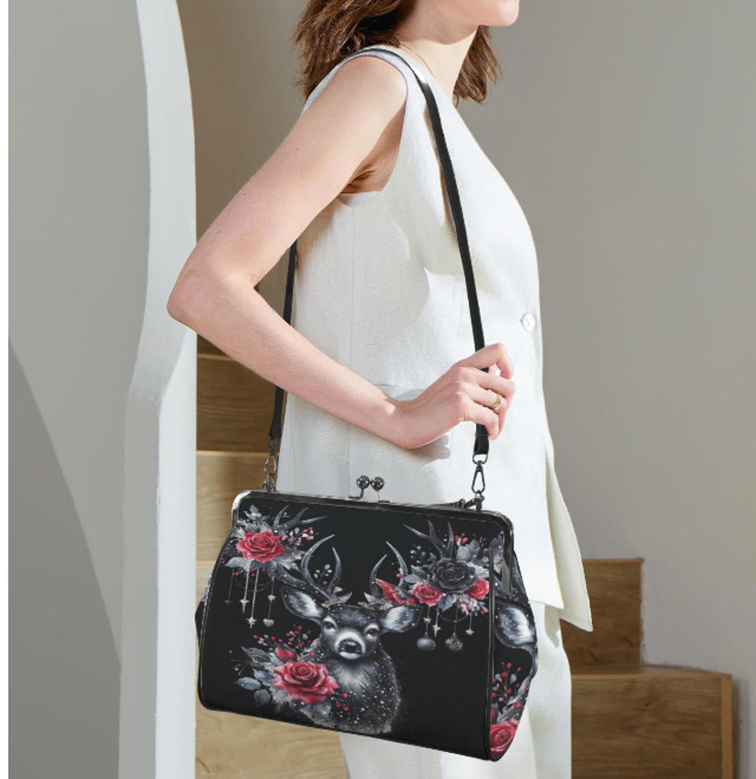 Gothic Christmas Deer Roses Hand Shoulder Cross Body Bag Satchel 9 x 13 Gift Kisslock