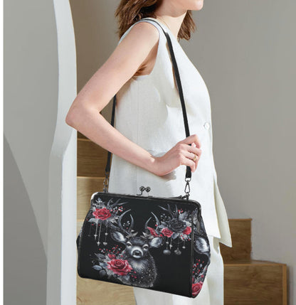 Gothic Christmas Deer Roses Hand Shoulder Cross Body Bag Satchel 9 x 13 Gift Kisslock