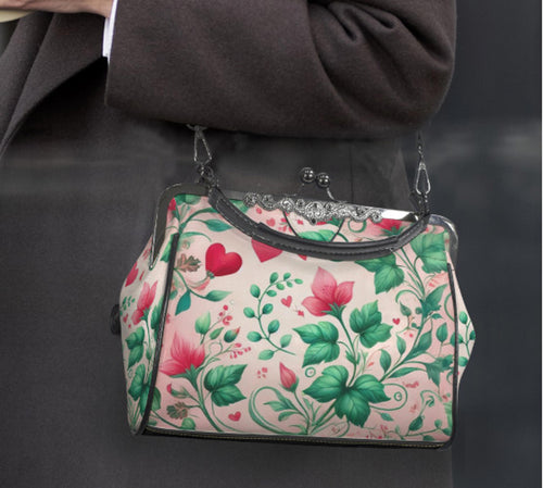 Victorian Valentine Red Pink Roses Heart Shoulder Cross Body Hand Bag Satchel Kisslock
