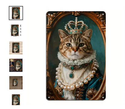 Victorian Wall Decor Crown Queen Regal Cat Spring Anthropomorphism Tin Sign 8x12 Handcrafted