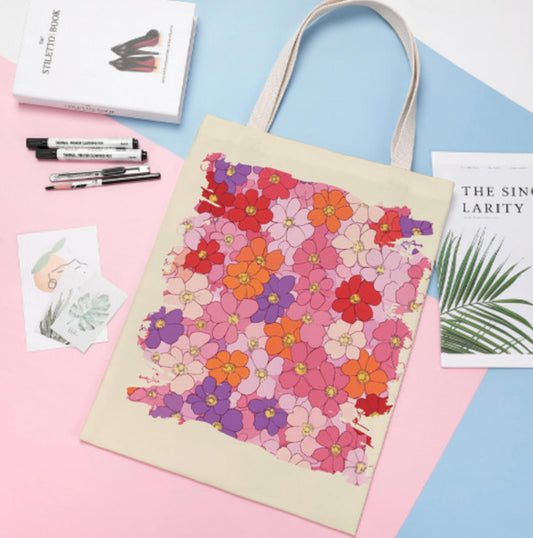 Vintage Retro Pink Purple Red Flowers Reusable Tote Bag Print on 2 Sides 14 x 18 Terrifictrend