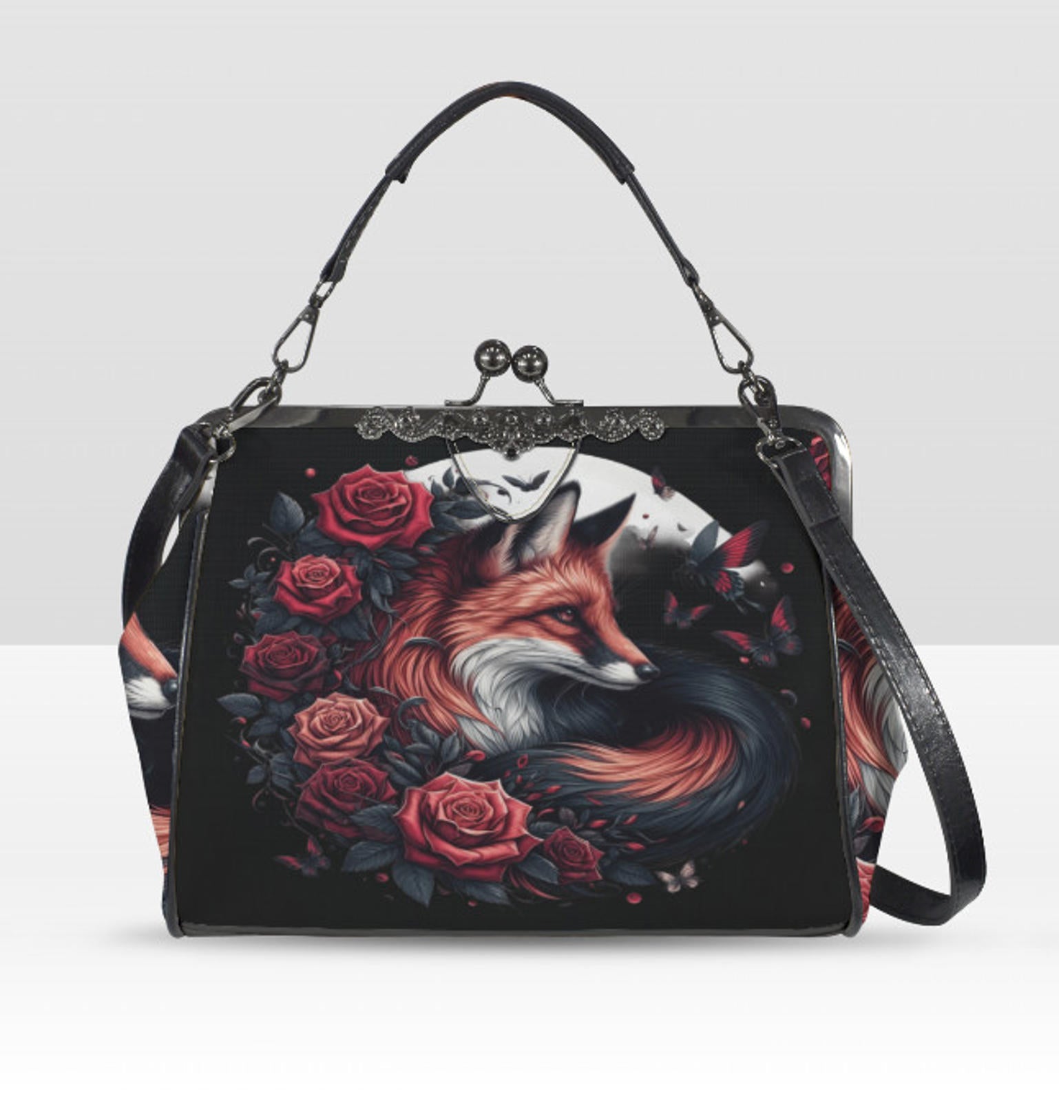Dark Victorian Gothic Fox Moon Roses Butterfly  Shoulder Cross Body Bag Satchel Kisslock