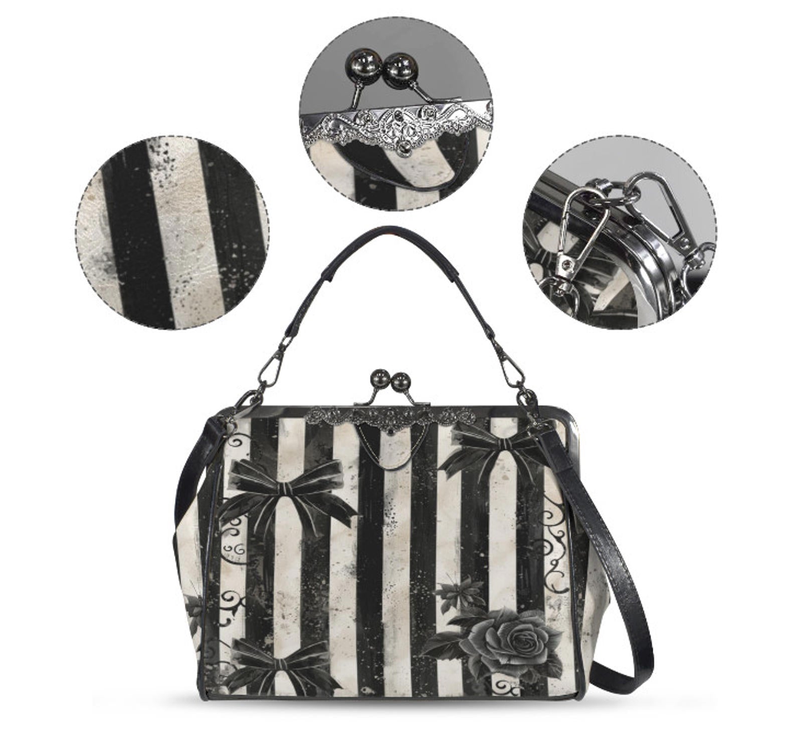 Gothic Horror Black White Dirty Stripe Shoulder Cross Body Bag Satchel Holiday Kisslock