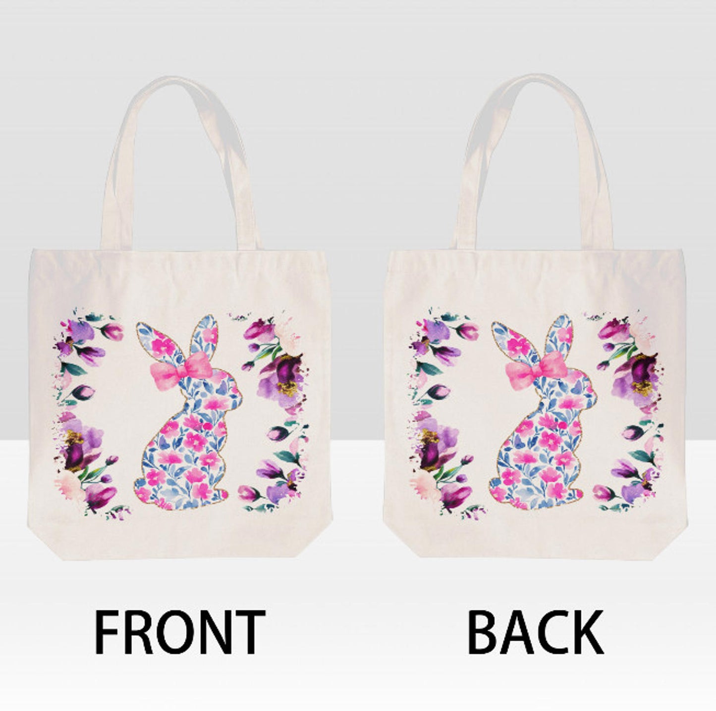 Easter Bunny Rabbit Purple  Spring Flowers Canvas Shoulder Tote Bag 15" X 15" TerrificTrend