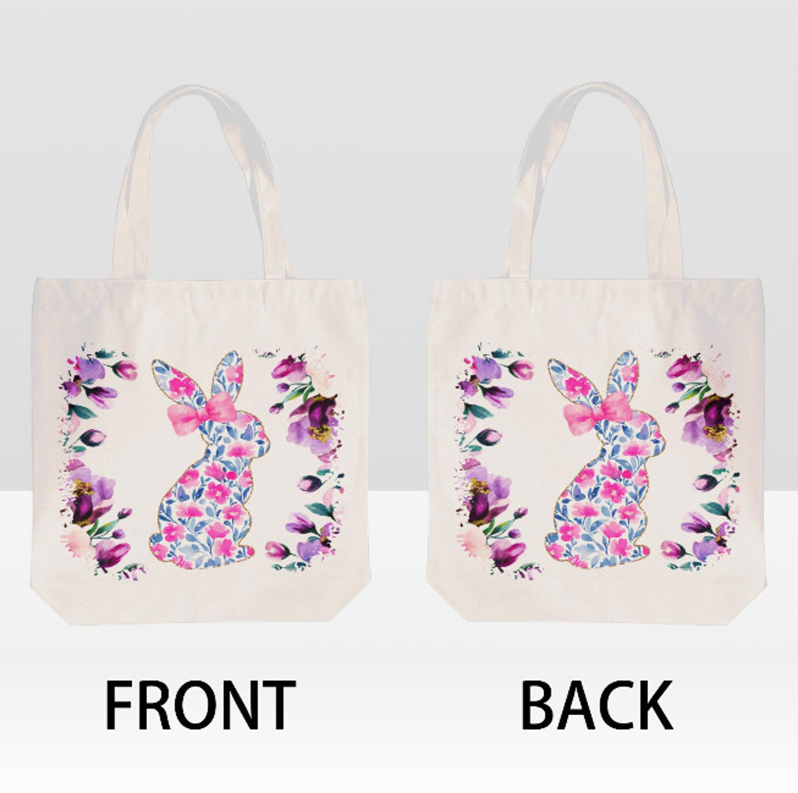 Easter Bunny Rabbit Purple  Spring Flowers Canvas Shoulder Tote Bag 15" X 15" TerrificTrend