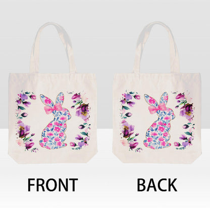 Easter Bunny Rabbit Purple  Spring Flowers Canvas Shoulder Tote Bag 15" X 15" TerrificTrend