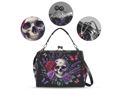 Victorian Gothic Skull Roses Spring Colors Shoulder Cross Body Bag Satchel Kisslock