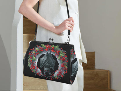 Gothic Christmas Bat Wreath Hand Shoulder Cross Body Bag Satchel 9 x 13 Gift Kisslock