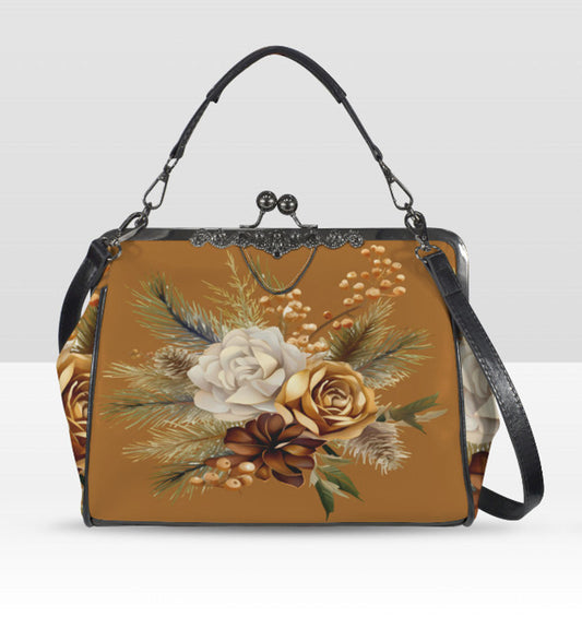Winter Brown Gold Holiday Flowers Shoulder Cross Body Bag Satchel Christmas Gift Kisslock