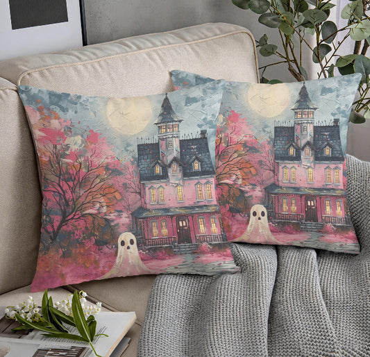 Vintage Pink Ghost Haunted House Throw Pillow Cover Halloween Home Decor  18x18 Unbranded