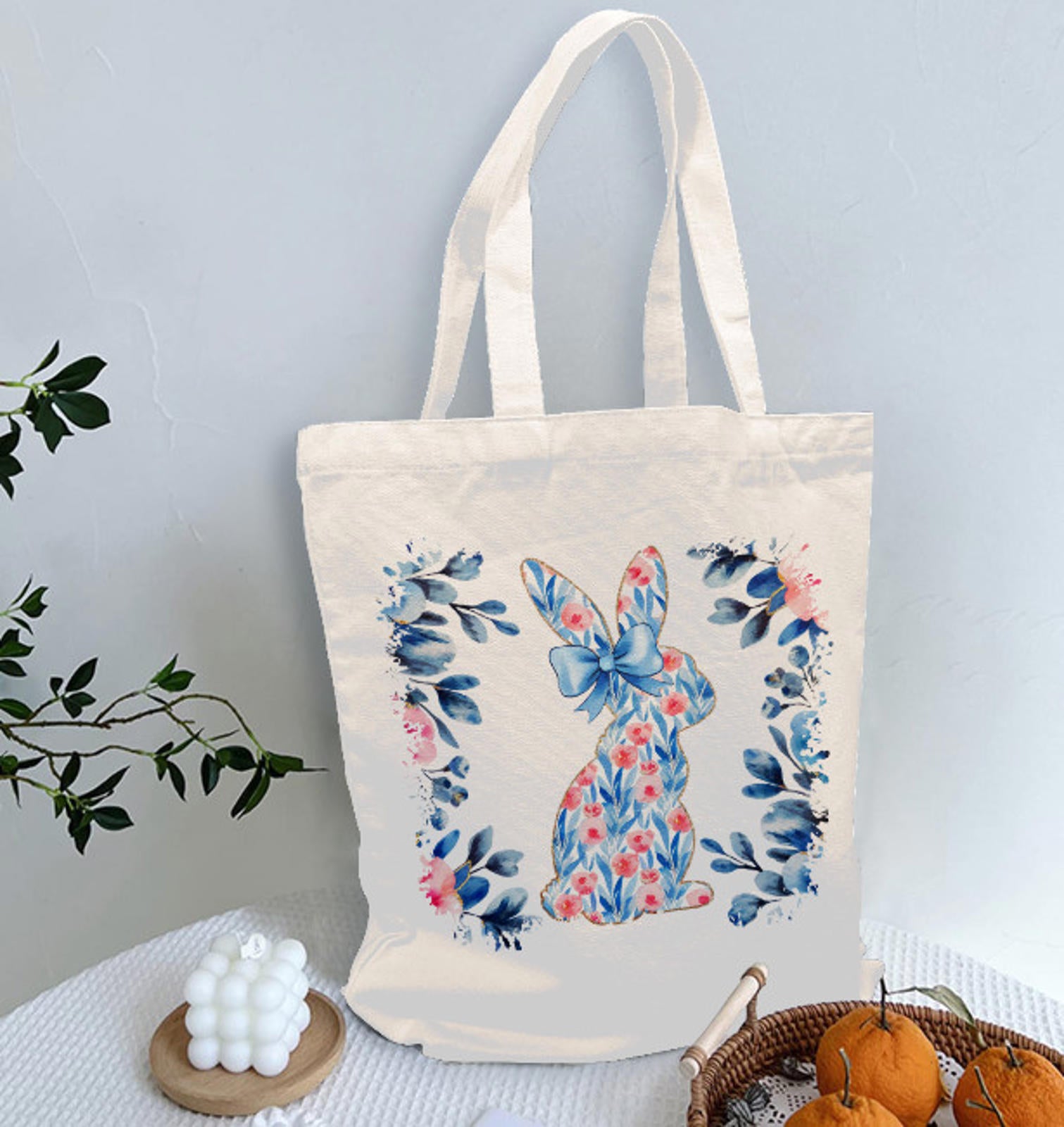 Easter Bunny Rabbit Pink Blue Spring Flowers Canvas Shoulder Tote Bag 15" X 15" TerrificTrend