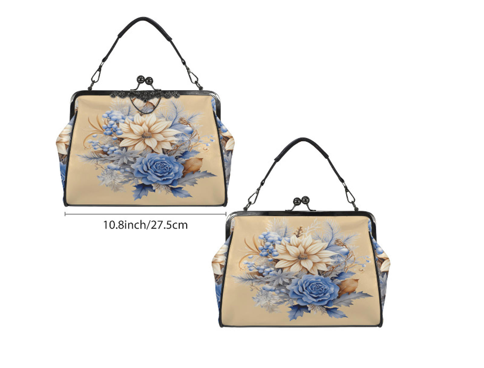 Winter Brown Gold Blue Flowers Shoulder Cross Body Bag Satchel Christmas Gift Kisslock