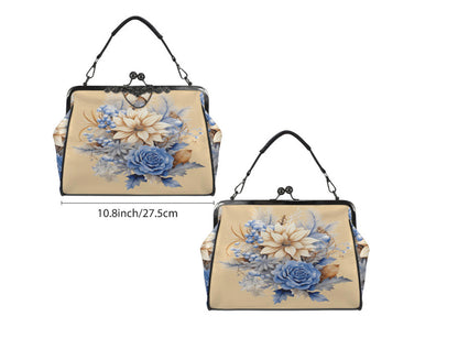 Winter Brown Gold Blue Flowers Shoulder Cross Body Bag Satchel Christmas Gift Kisslock