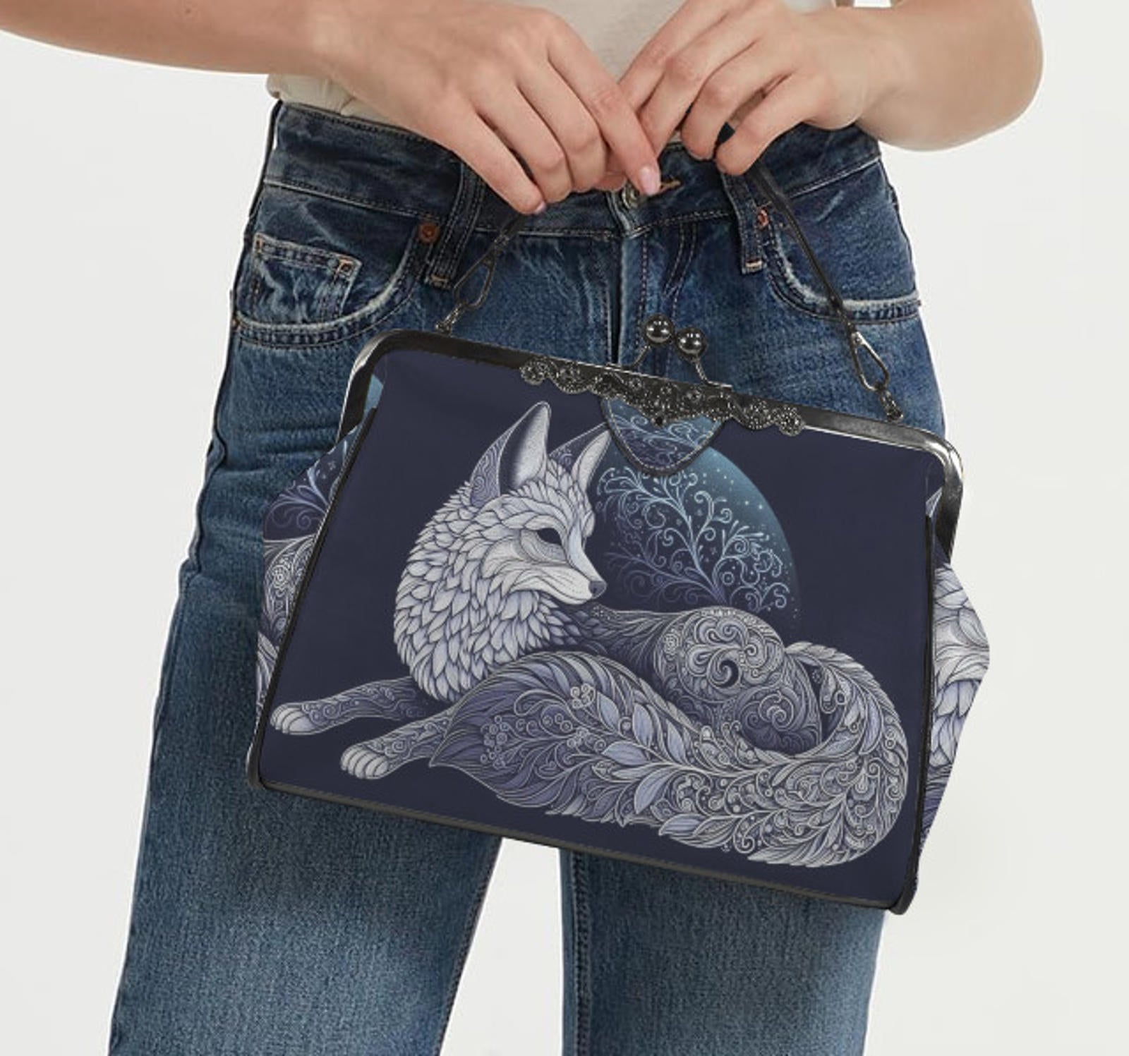 Silver Moonlight Artsy Animal Fox Holiday  Shoulder Cross Body Hand Bag Satchel Kisslock