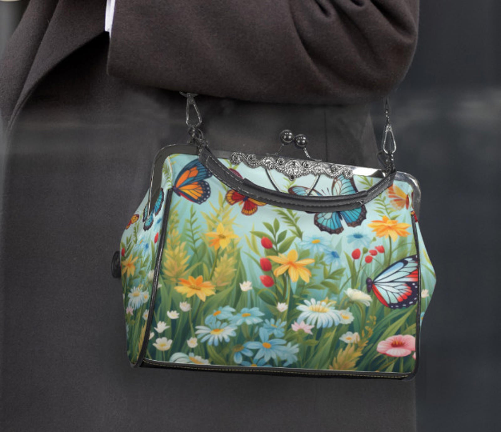 Spring Butterflies Garden Flowers Shoulder Cross Body Bag Satchel Mother's Day Kisslock