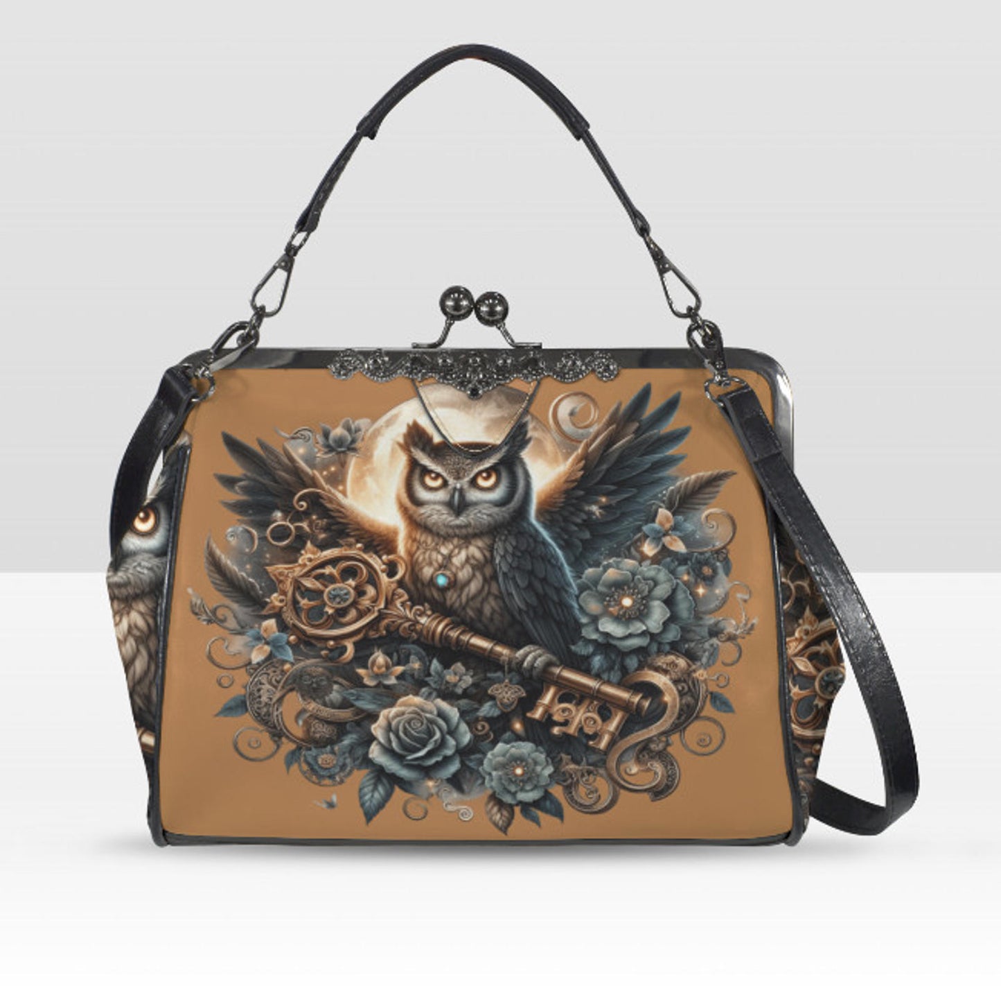 Dark Victorian Gothic Owl Key Roses Moon Skull  Shoulder Cross Body Bag Satchel Kisslock
