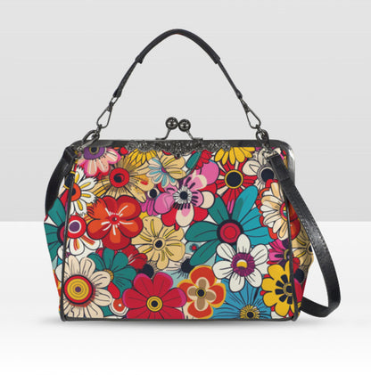 Whimsical Flower Art Spring Mother's Day Shoulder Cross Body Bag Satchel NEW Kisslock