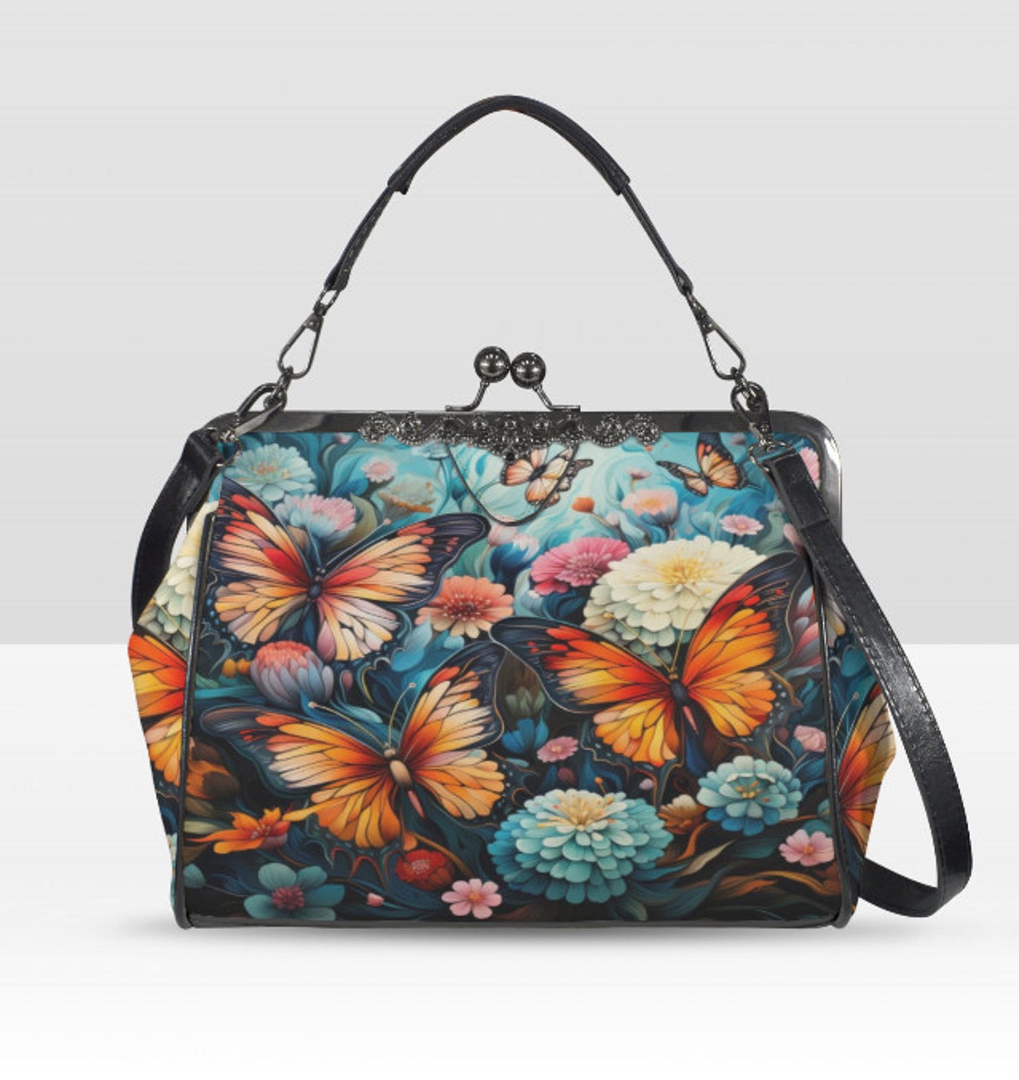 Spring Flowers Butterfly Art Design Shoulder Cross Body Bag Satchel Mother's Day Kisslock