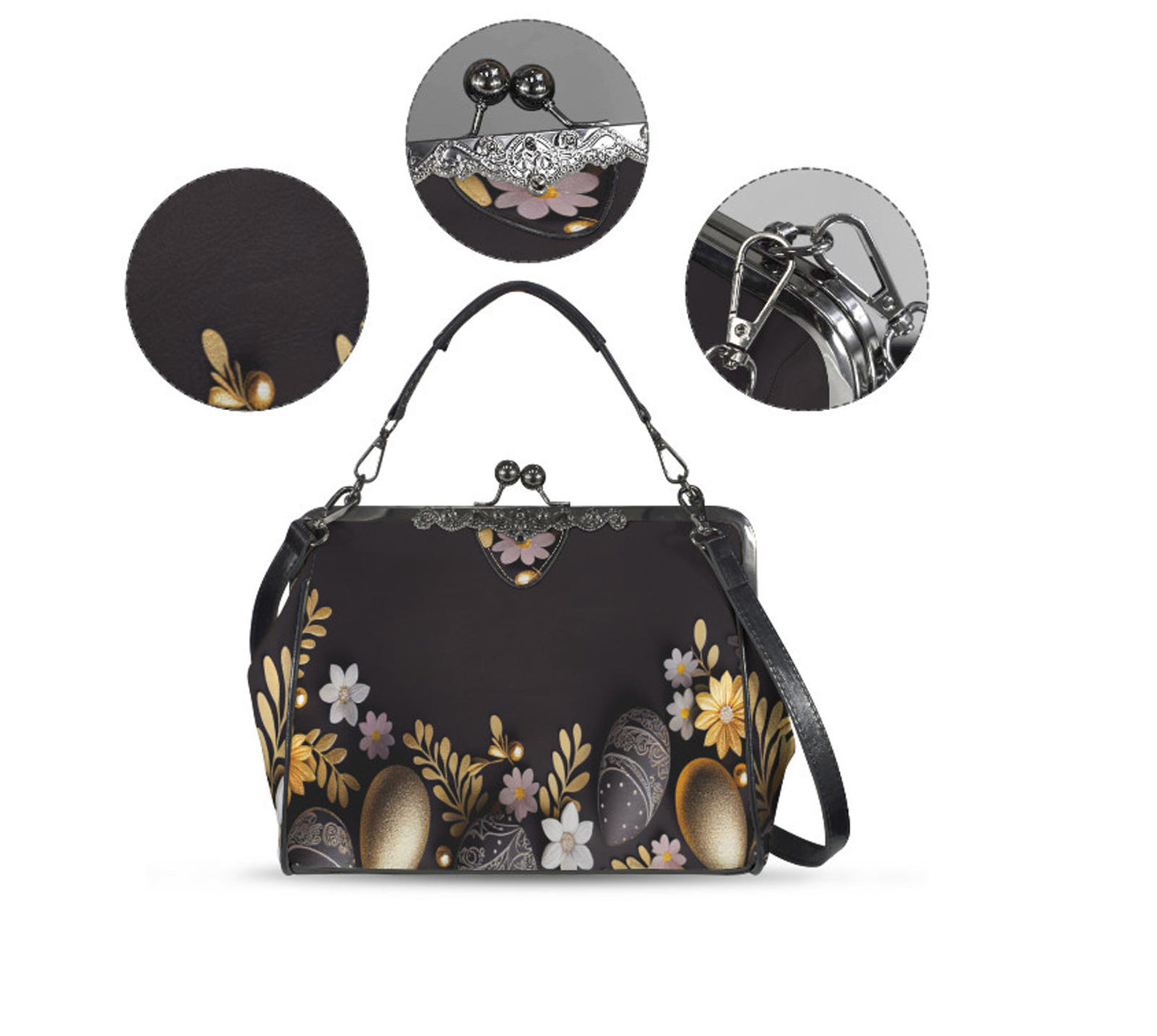 Glam Gold Black Glitter Spring Easter Egg Floral Shoulder Cross Body Bag Satchel Kisslock