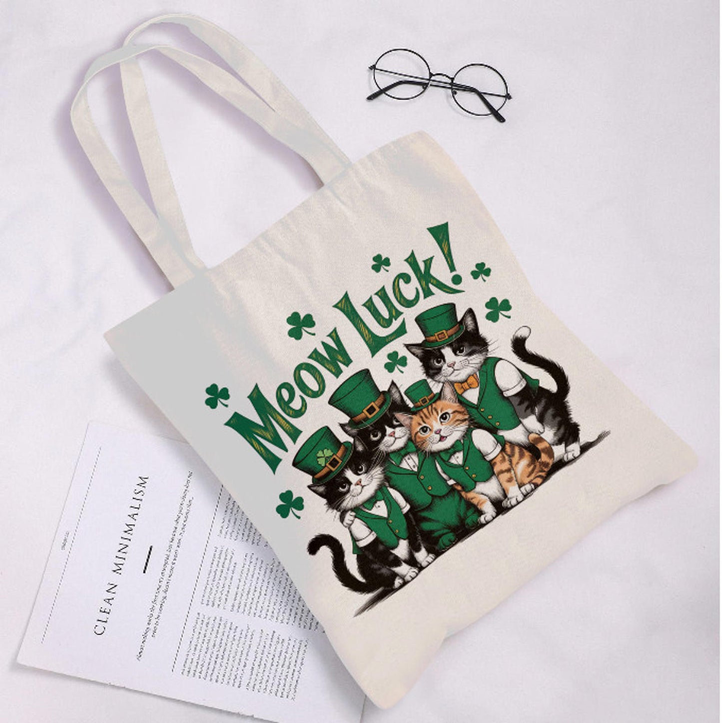 St. Patrick's Day Irish Meow Luck Cats Tuxedo  Print Shoulder Tote Bag 15" X 15" TerrificTrend