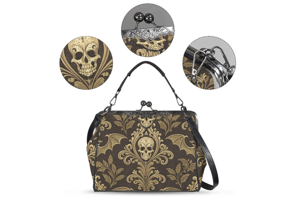 Gothic Baroque Skull Bat Halloween Shoulder Cross Body Bag Satchel Holiday Kisslock