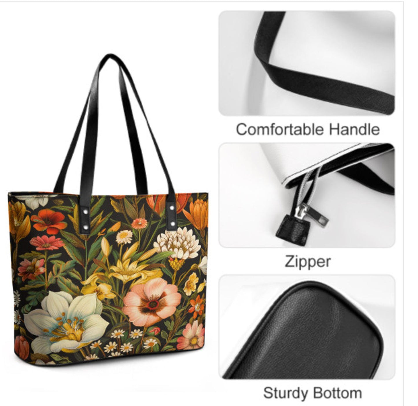 Custom Tote Hand Shoulder Bag 12 X 15 Spring Flowers Vintage Black Orange Yellow Terrifictrend