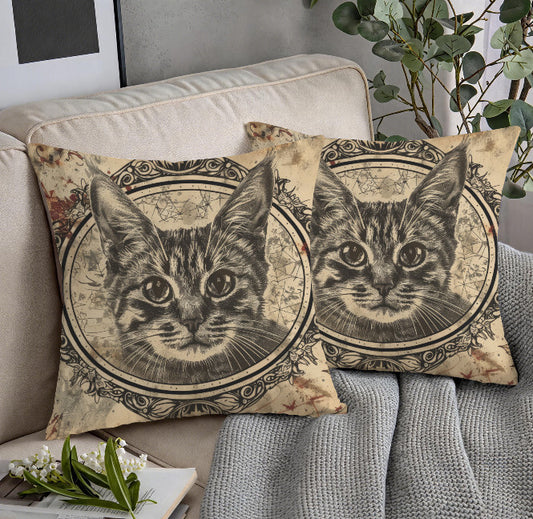 Vintage Victorian Gothic Tabby Cat Throw Pillow Cover Halloween Home Decor 18x18 Unbranded