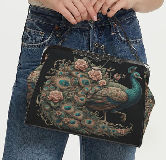 Dark Victorian Gothic Floral Roses Peacock Shoulder Cross Body Bag Satchel Kisslock
