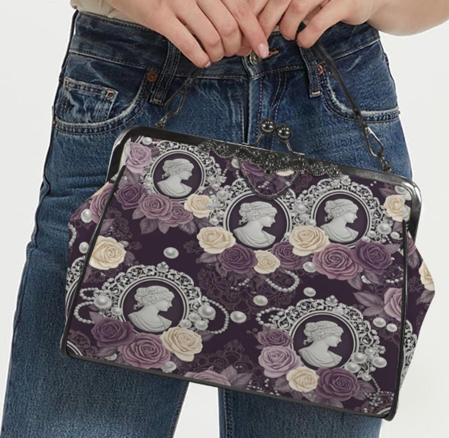 Victorian Cameo Gothic Purple Lavender Rose Shoulder Cross Body Hand Bag Satchel Kisslock