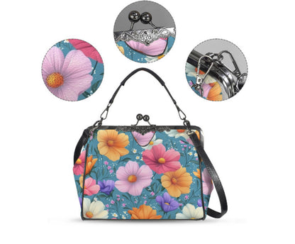 Flowers Pink Purple Yellow Spring Summer Art Shoulder Cross Body Bag Satchel NEW Kisslock