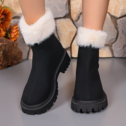 Square-heeled Snow Boots Winter Plus Velvet Platform Plush Shoes Fashion Warm Non-slip Mid-calf Boot For Women Cj
