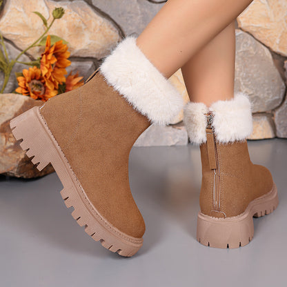 Square-heeled Snow Boots Winter Plus Velvet Platform Plush Shoes Fashion Warm Non-slip Mid-calf Boot For Women Cj