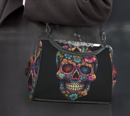 Sugar Skull Day of the Dead Halloween Floral Shoulder Cross Body Bag Satchel NEW Kisslock