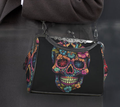 Sugar Skull Day of the Dead Halloween Floral Shoulder Cross Body Bag Satchel NEW Kisslock