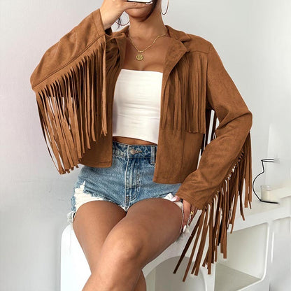 Women's Solid Color Fashion Lapel Loose Fit Fringe Long Sleeve Jacket - Stylish Tassel Detail On Chest & Sleeves For Fall&Winter Casual Wear Cj
