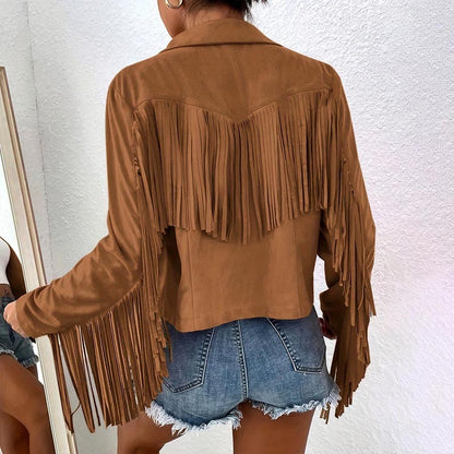 Women's Solid Color Fashion Lapel Loose Fit Fringe Long Sleeve Jacket - Stylish Tassel Detail On Chest & Sleeves For Fall&Winter Casual Wear Cj
