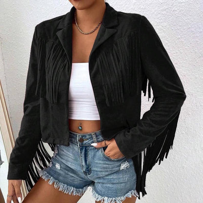 Women's Solid Color Fashion Lapel Loose Fit Fringe Long Sleeve Jacket - Stylish Tassel Detail On Chest & Sleeves For Fall&Winter Casual Wear Cj