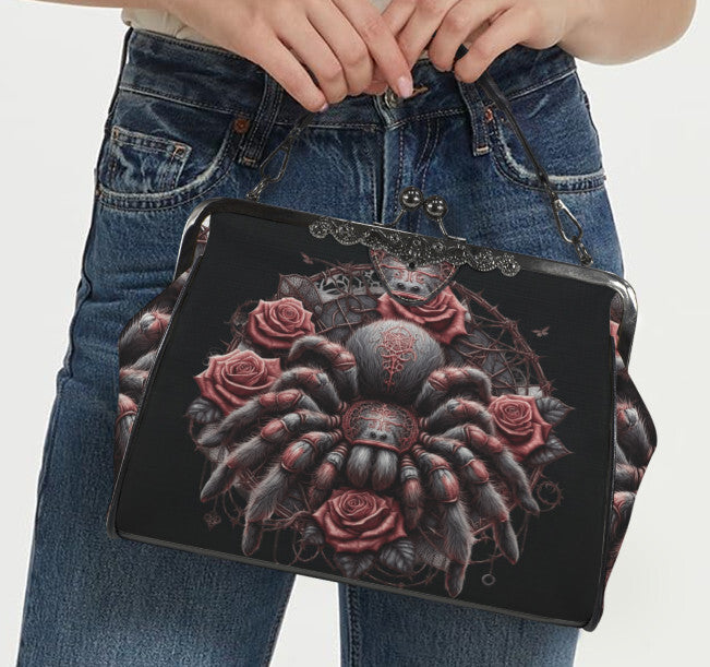 Dark Victorian Gothic Spider Black Widow Skull  Shoulder Cross Body Bag Satchel Kisslock