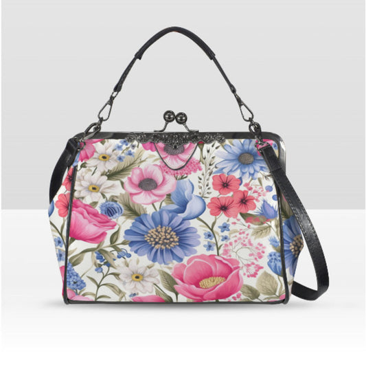Flowers Blue White Pink Spring Summer Art Shoulder Cross Body Bag Satchel NEW Kisslock