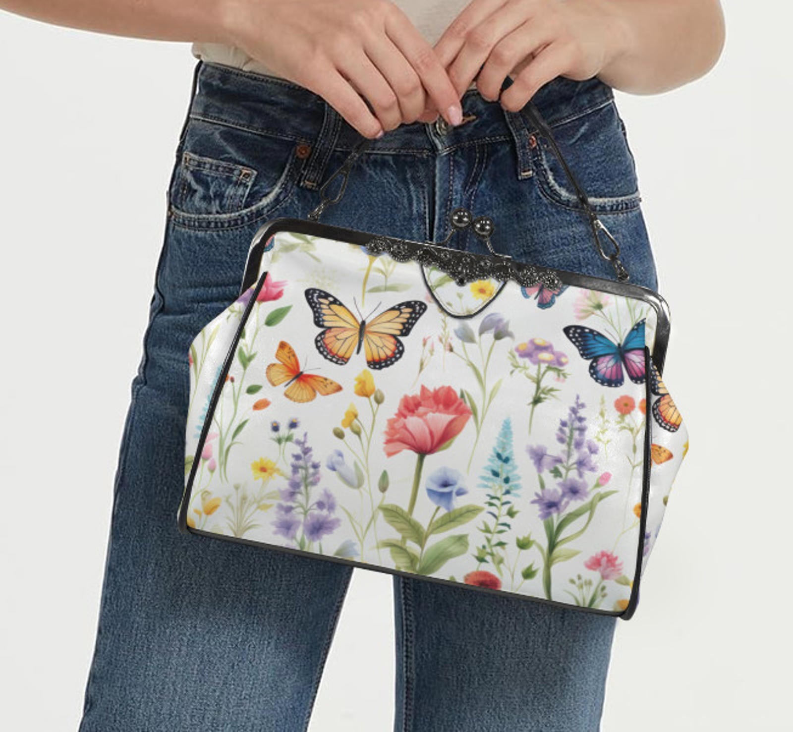 Spring Butterflies Garden Flowers Shoulder Cross Body Bag Satchel Mother's Day Kisslock