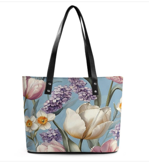 Custom Tote Hand Shoulder Bag 12 X 15 Spring Flowers Tulips Lavender Pink Blue Terrifictrend
