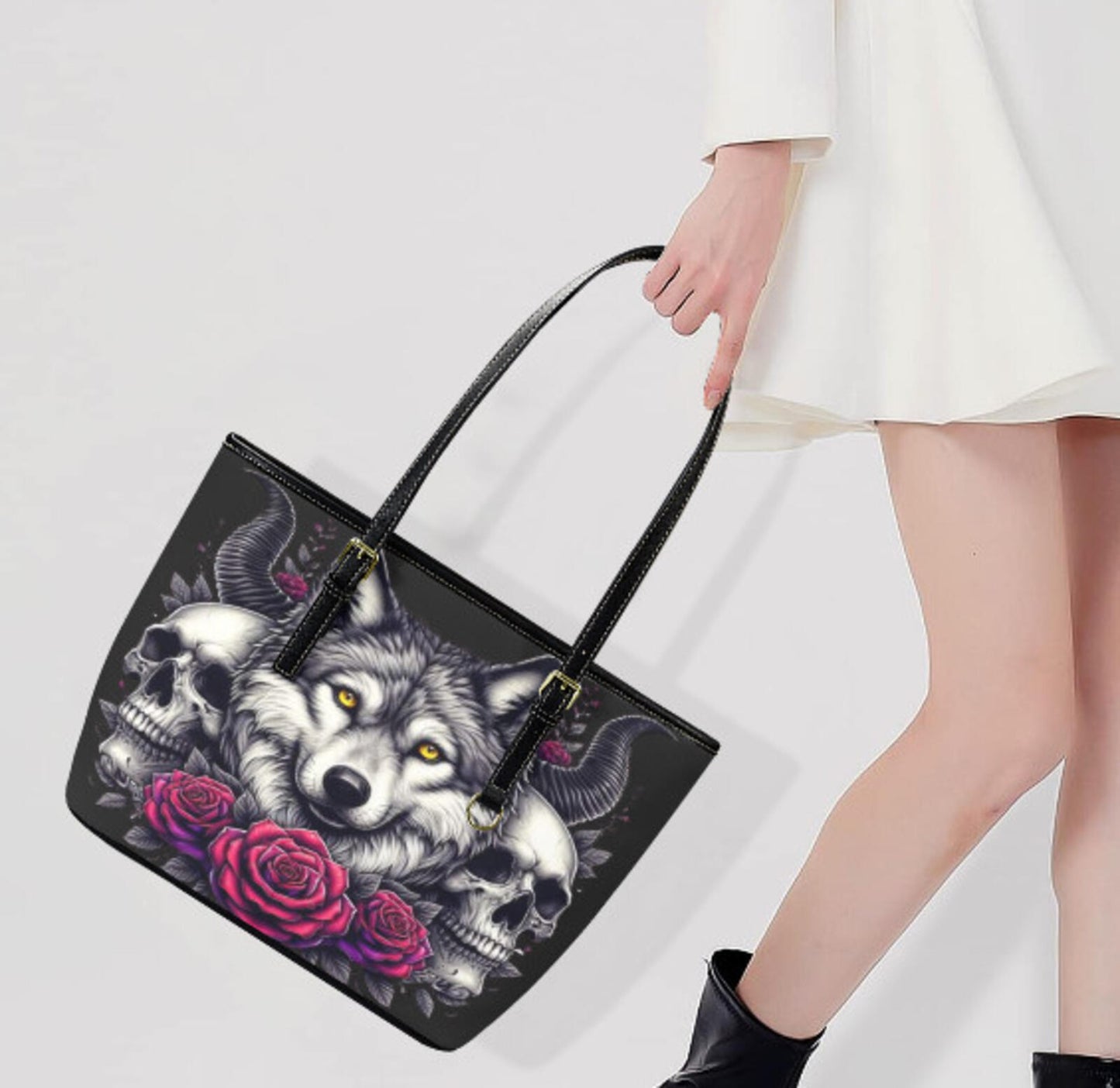Custom Tote Hand Shoulder Bag 12 X 15 Gothic Victorian Wolf Skull Red Roses NEW Terrifictrend