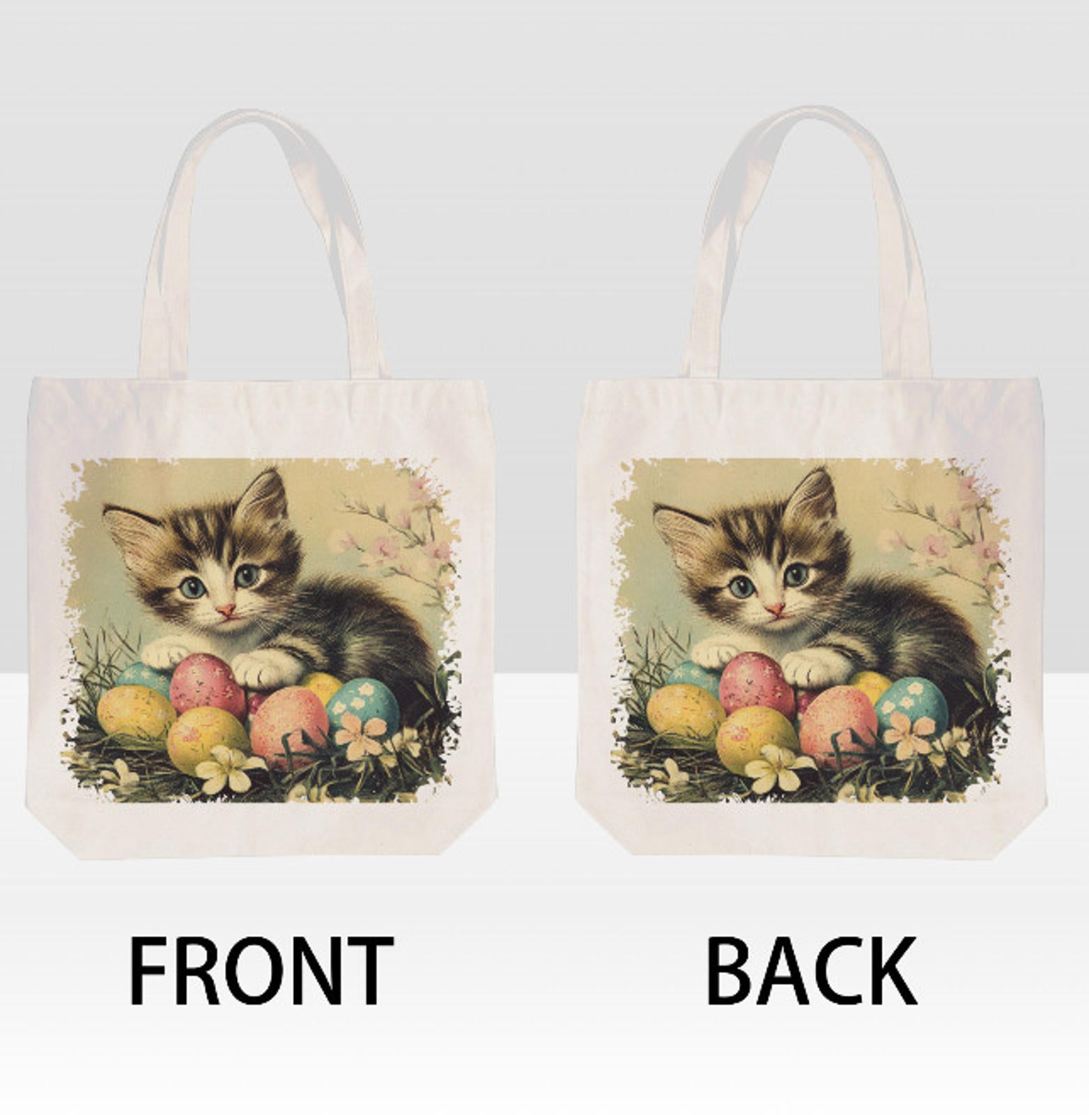 Vintage Easter Kitten Eggs Spring Flowers Canvas Shoulder Tote Bag 15" X 15" TerrificTrend